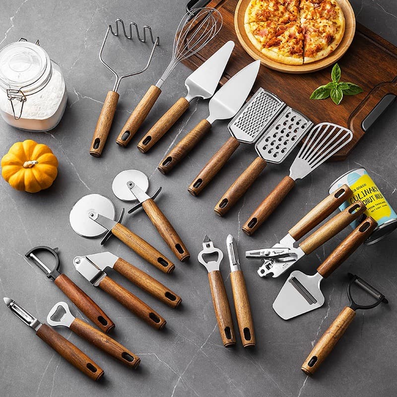 Acacia Wood Stainless Steel Kitchen Gadgets, Peeler Can Opener Egg Beater, Cooking Baking Set, Pizza Cutter Cheese Spatula