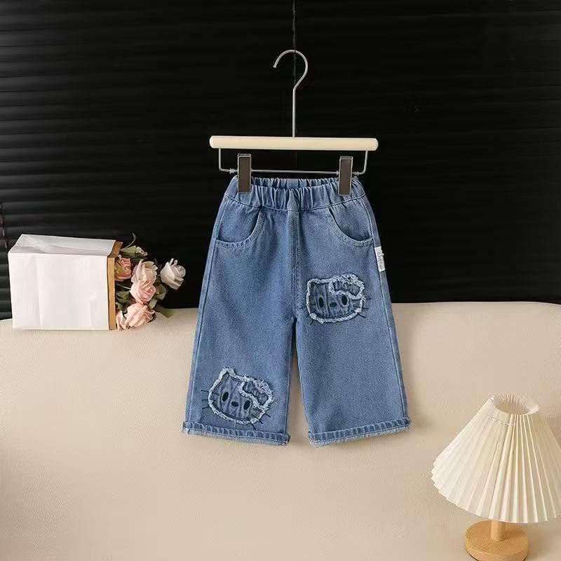 Girls' New Spring and Autumn Fashionable Cartoon Denim Wide-Leg Pants Kids' Clothing Cat Patch Denim Wide-Leg Pants
