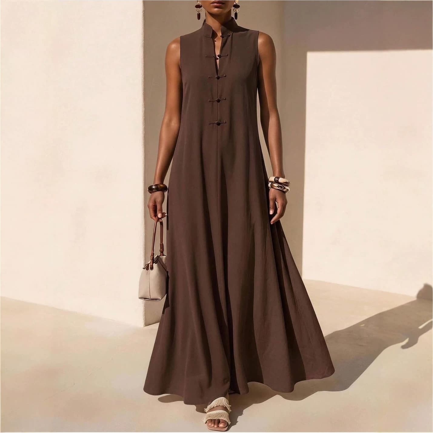 2026 New European and American Cross-border Amazon Independent Station Fashion Stand-up Collar Frog Button Loose Linen Cotton Long Dress