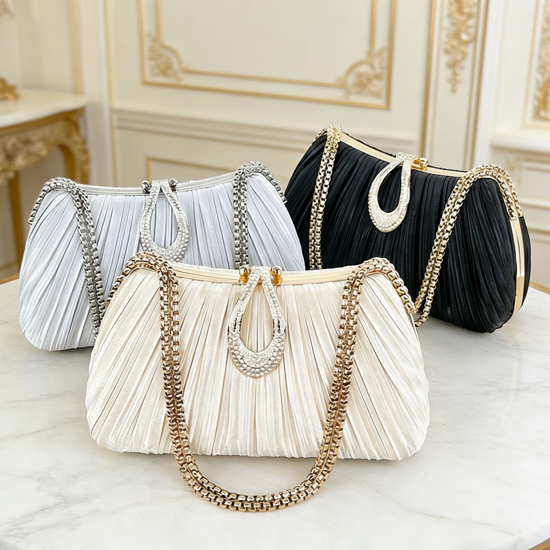 Cross-border New Shiny Evening Bag, Pleated European and American Handbag, Fashionable Banquet Bag, Clutch Bag, Party Light Luxury Bag