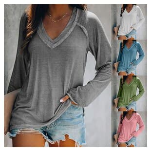 2020 Cross-border EaBY Amazon Wish Solid Color Long Sleeve V-Neck Patchwork Casual Plus Size T-Shirt Top Women's Clothing