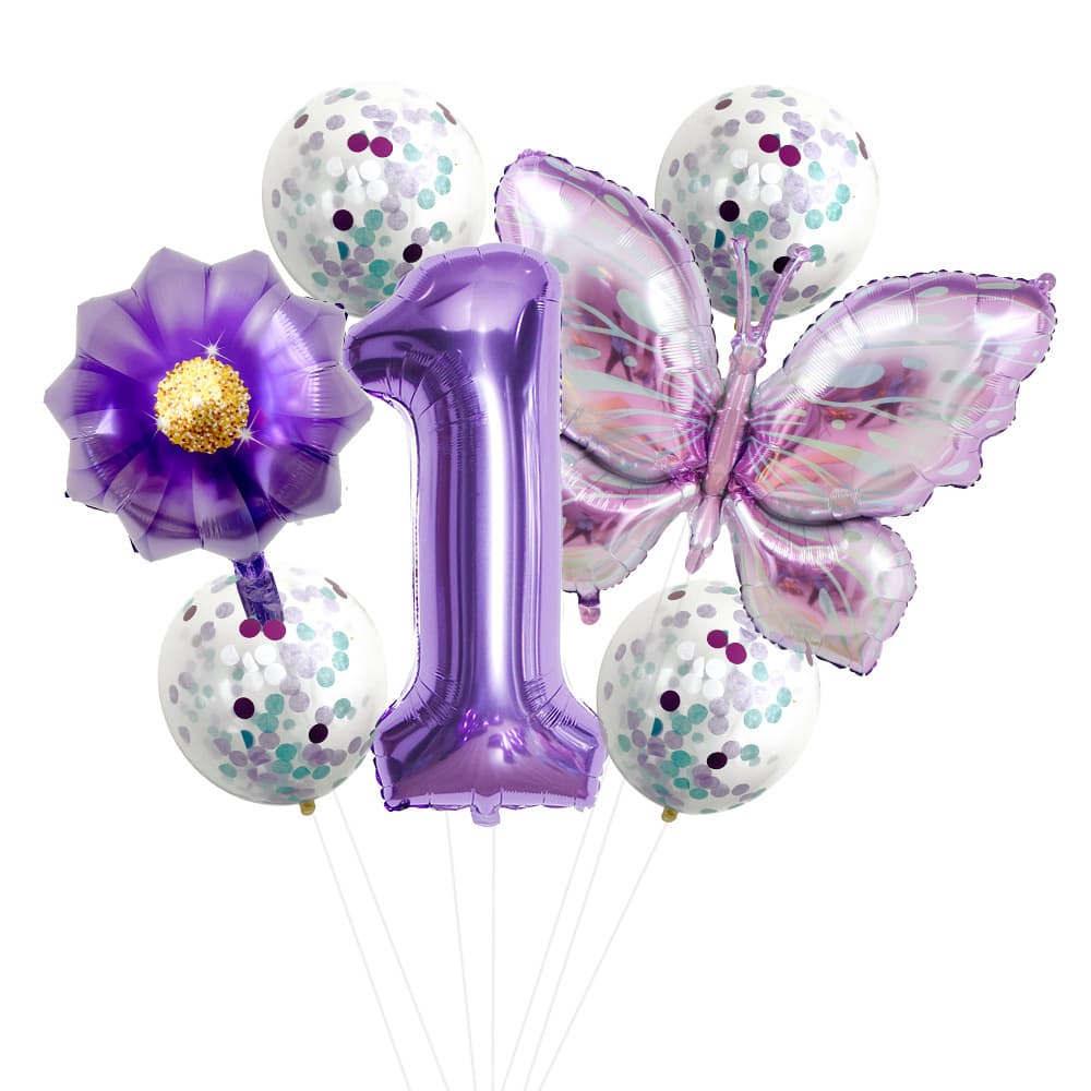 New Purple Butterfly 32-inch Digital Flower Aluminum Foil Balloon Set for Baby Birthday Party Decoration Scene Setup