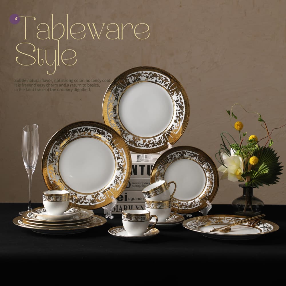 Modern Minimalist Embossed Gold Ceramic Dinner Plate, Gold Rim Plate for Restaurant, Fruit Plate, Noodle Plate, Cake Plate, Gold-Plated Rim Plate