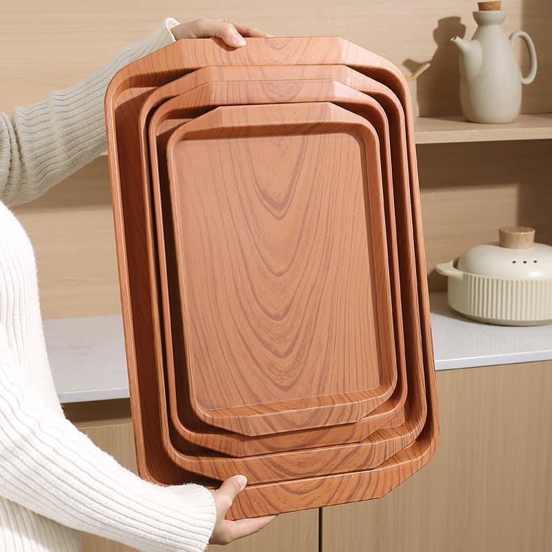 Wood Grain Pattern Rectangular Tray, Large Plastic Tea Tray for Household Use, Cup and Snack Storage Serving Plate