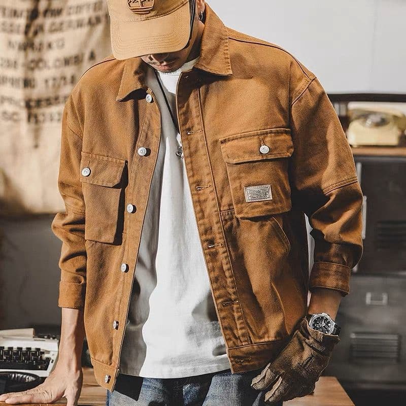 American Style Men's Denim Jacket New Trendy Brand Three-Dimensional Double Pocket Heavy Workwear Top Jacket Spring Autumn