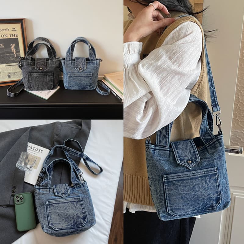 Large-capacity washed retro denim bag 2026 spring new fashion single shoulder bucket bag commuter crossbody bag for women