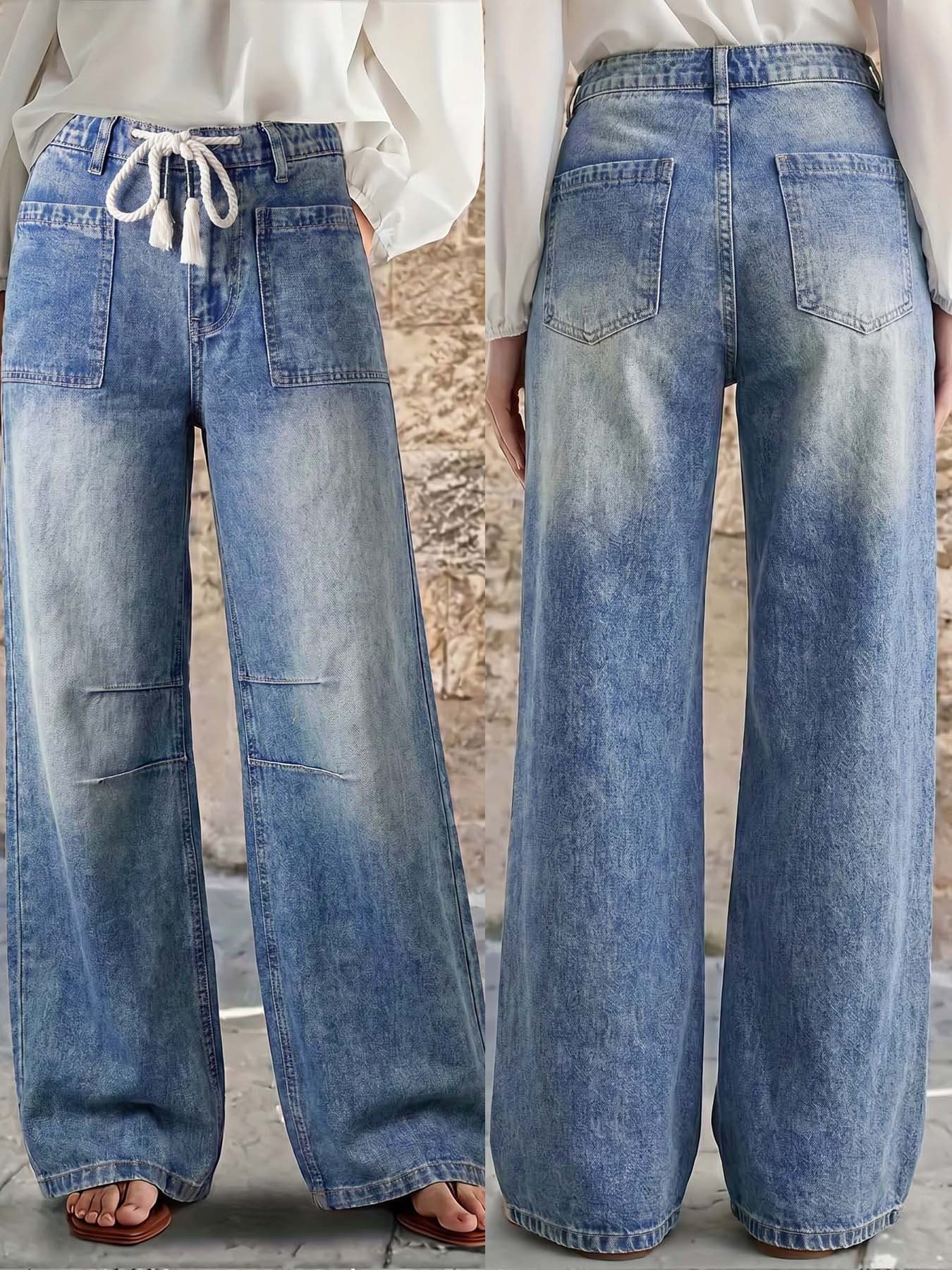 Women's Retro Gradient Faded Wide Leg Cargo Jeans Drawstring Elastic Waist Large Pockets Loose Fit Cargo Pants