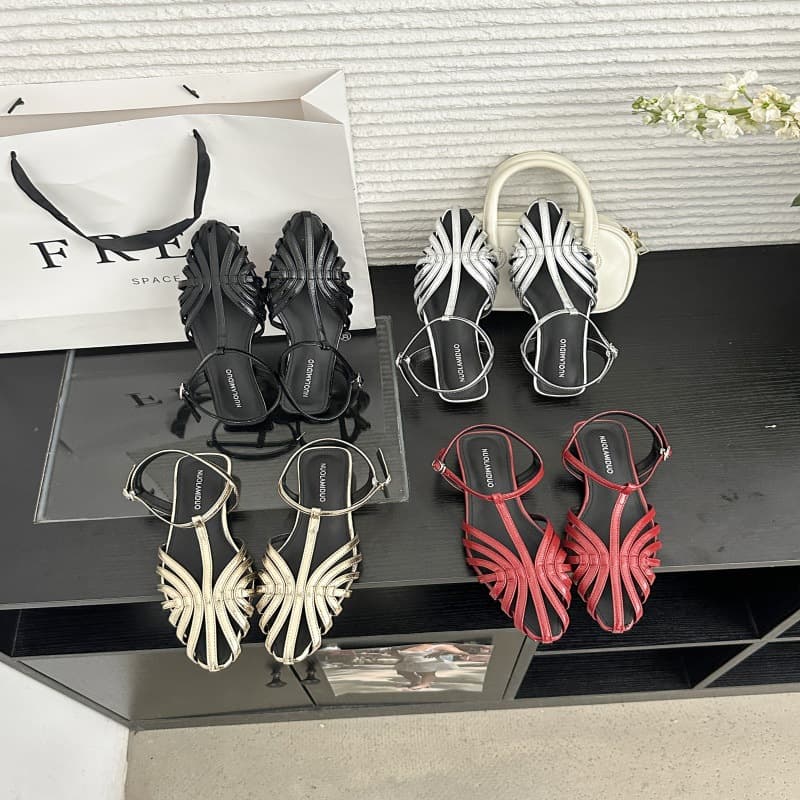 Pointed Toe Hollow Woven Roman Sandals for Women 2026 Spring Summer New Low Heel Versatile Chic Backless Shoes