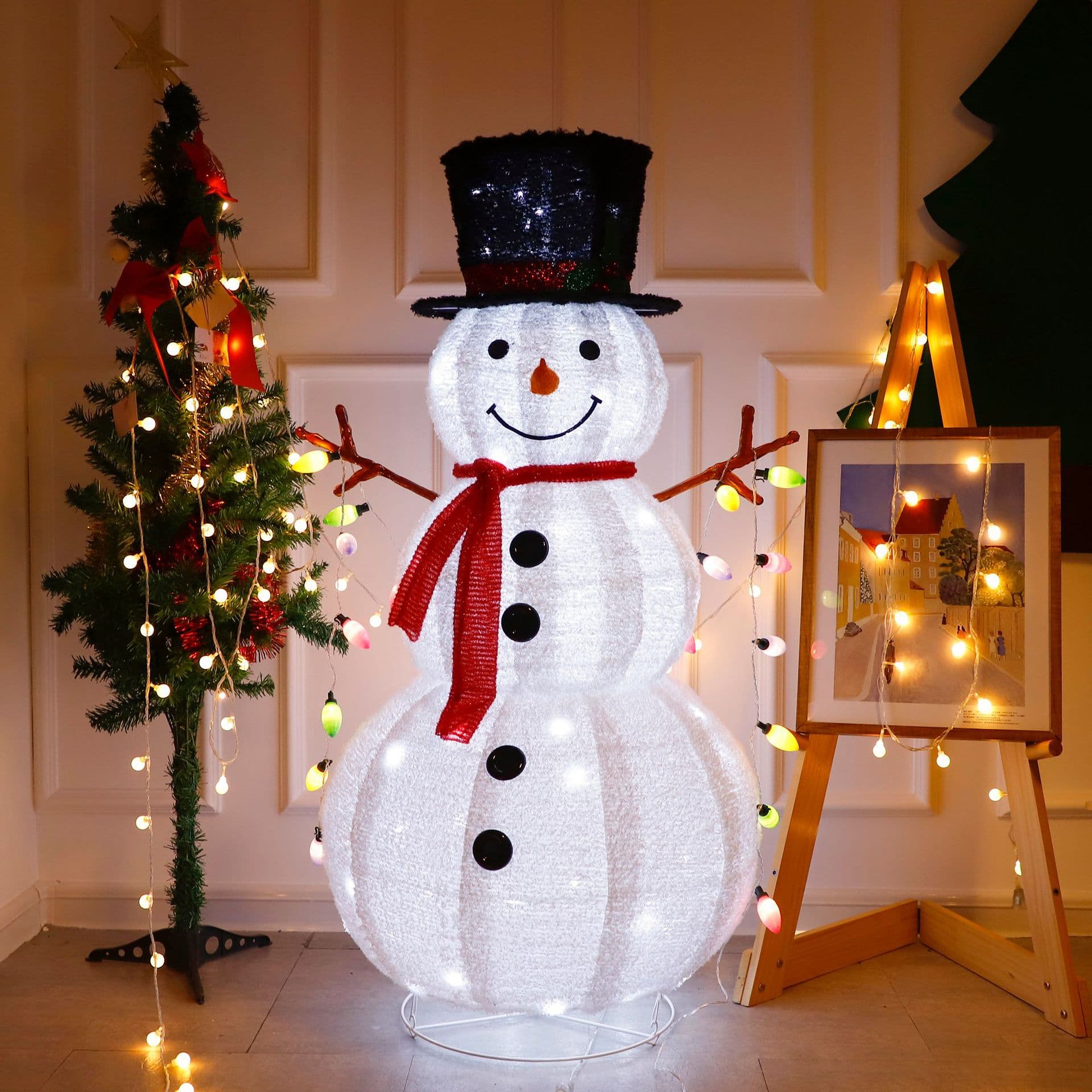 TEMU Hot-selling Foldable Smiling Snowman with Christmas Hat LED Glowing Holiday Decoration Ornament