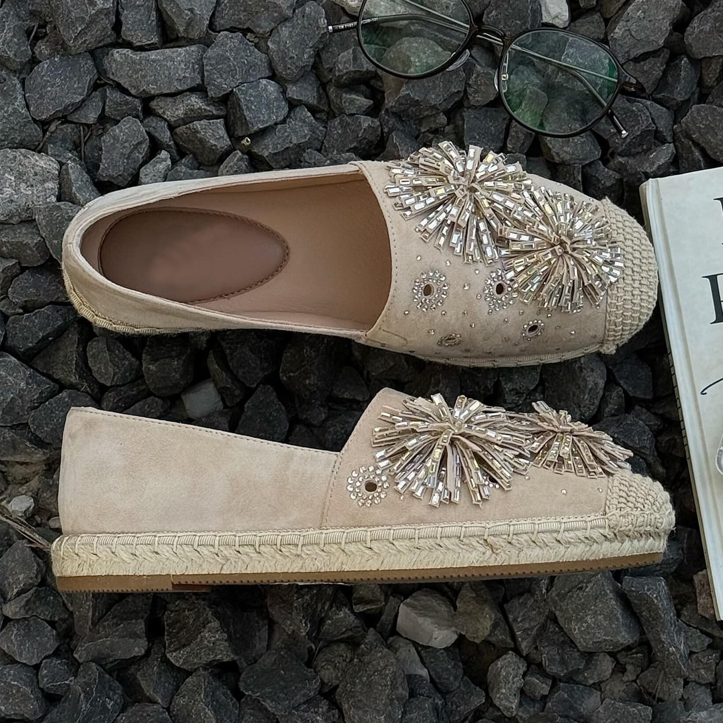 Genuine Leather Firework Rhinestone Thick Sole Fisherman Shoes Shallow Mouth Flats Women 2026 New Summer Slip-on Breathable Woven Shoes