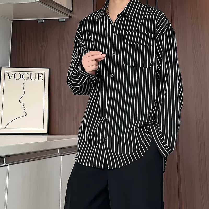 American Style Men's Autumn Black and White Vertical Stripe Shirt, Indifferent Design, Cool and Draped Casual Shirt