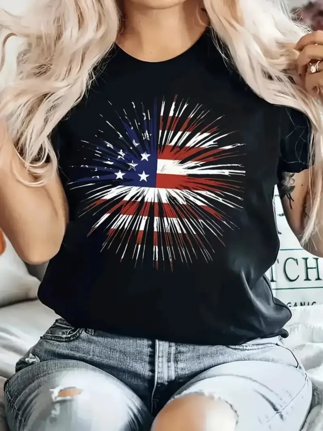 2025 Cross-border EU Size 1 Piece, Women's Fashion Spark Pattern Printed T-Shirt - Casual Short Cotton Tee