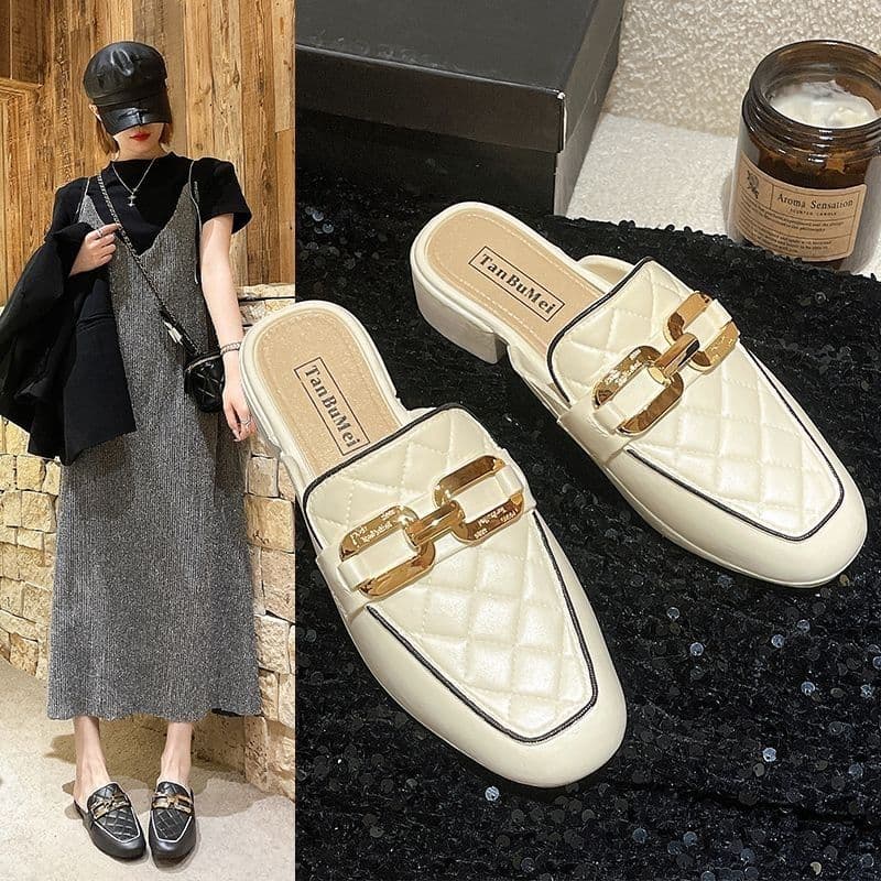 2025 Four Seasons Cat Heel New Women's Open Toe Slippers Fashionable Flat Square Toe Casual Easy to Match