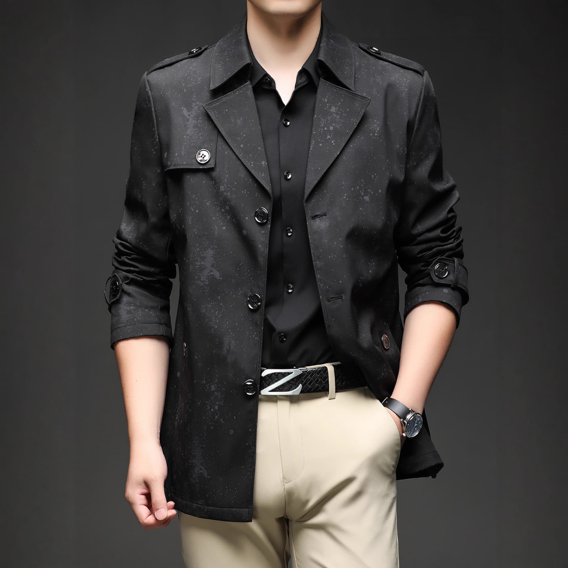 Spring Autumn New Printed Short Trench Coat Men's Youth Fashion Brand Jacket Model 1919 3 Colors Men's Clothing
