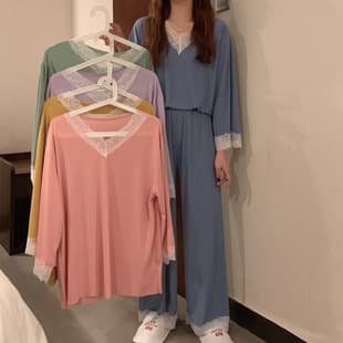 Lace Ice Silk Pajama Set Plus Size Lace Trim Women's Homewear Long Sleeve Long Pants Lightweight Wear-Out Loungewear