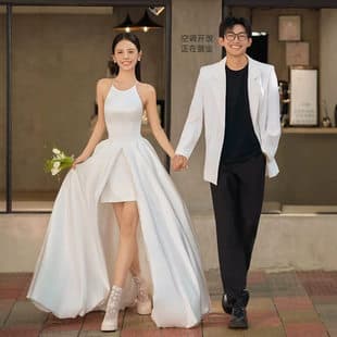 French Satin Light Wedding Dress for Bride Engagement Travel Shoot, Minimalist Elegant White for Civil Ceremony Registration, Reception, and Going-Away Dress