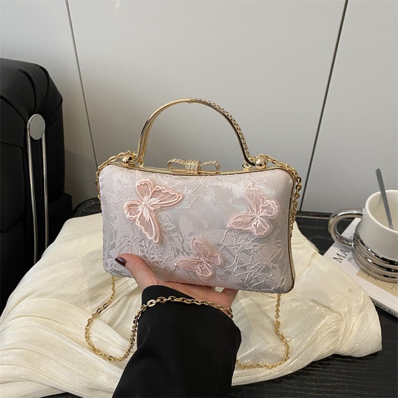 2025 New Women's Bag White Handheld Small Square Bag New Chinese Jacquard Sweet Style Butterfly Bridal Bag Evening Bag