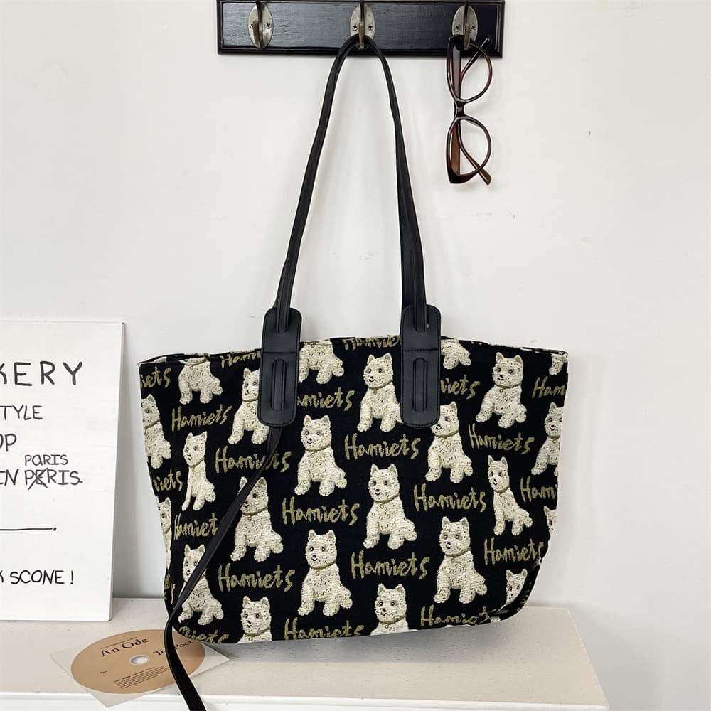 010192 Retro jacquard puppy tote bag leather shoulder strap large capacity shoulder bag commuting to class canvas bag
