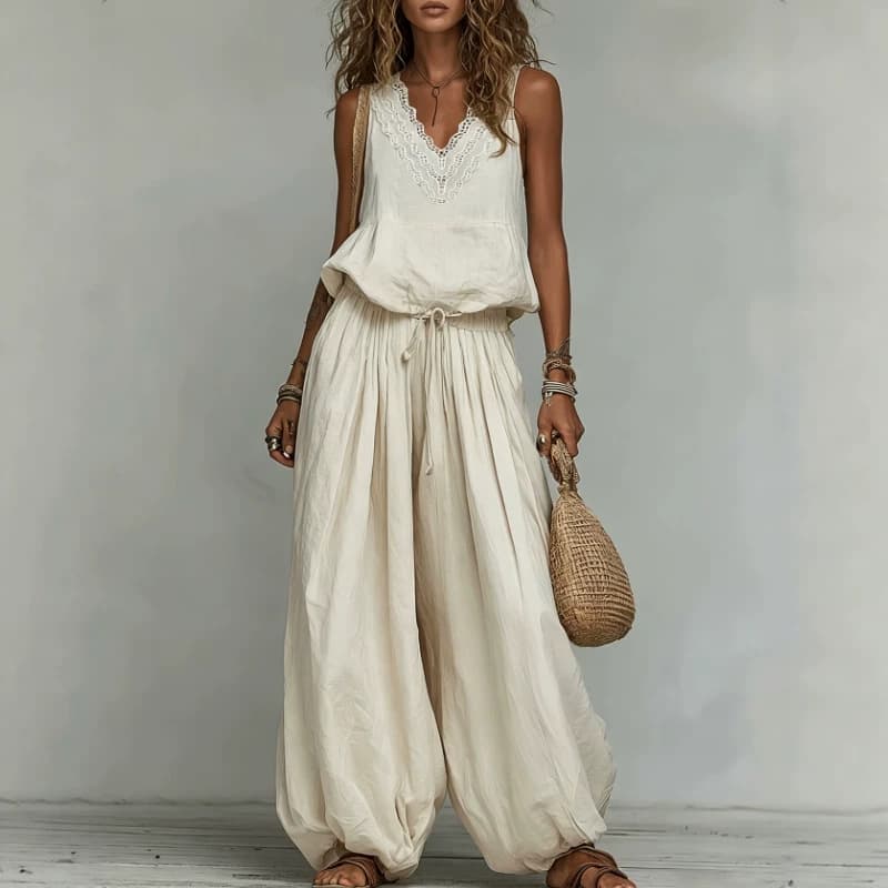 In Stock 2026 Fashion Bohemian Sleeveless V-Neck Vest + Lantern Wide-Leg Pants for Export to Europe and America