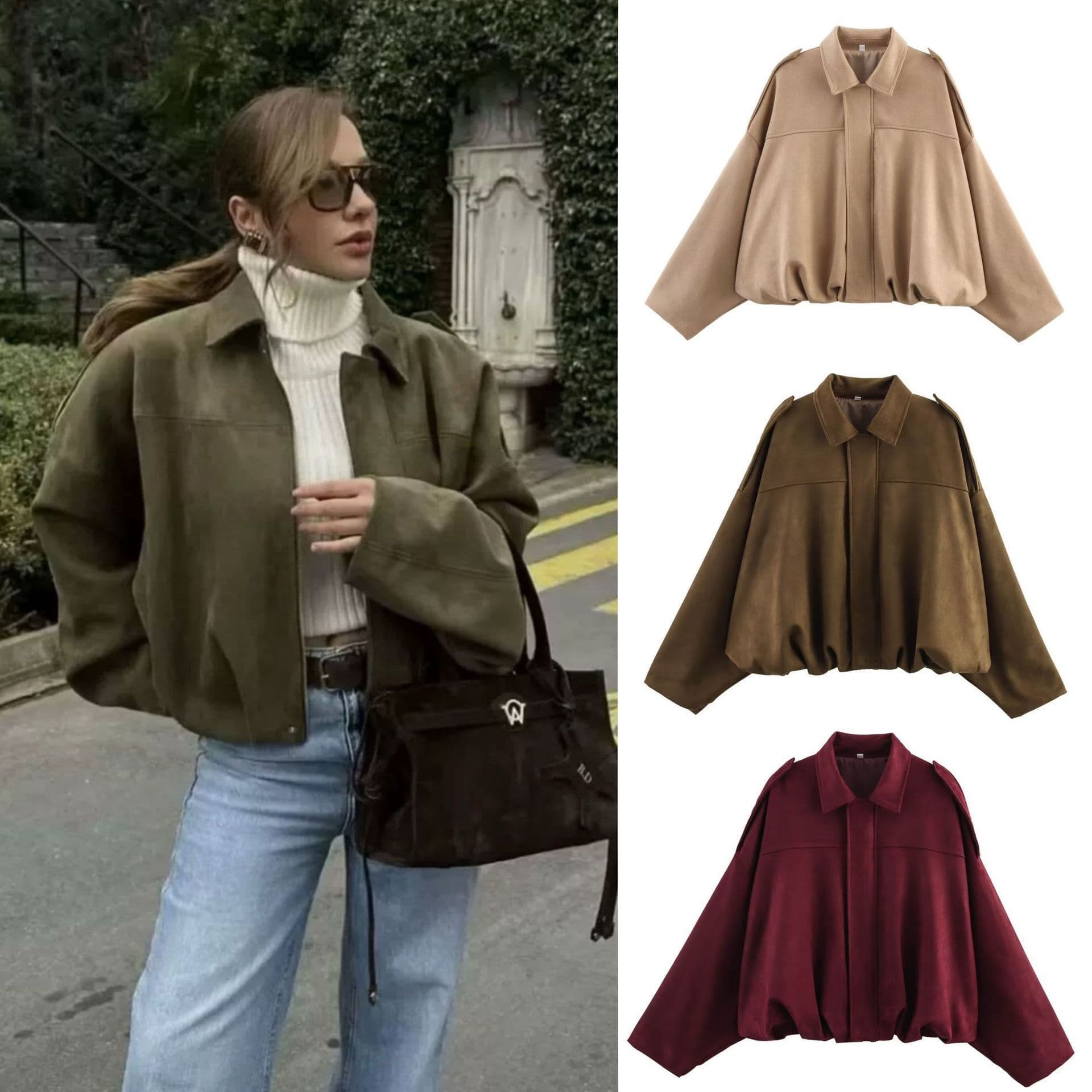 2026 Women's Suede-Like Bomber Jacket Batwing Sleeve Zip-Up Top Casual Fashion Outerwear