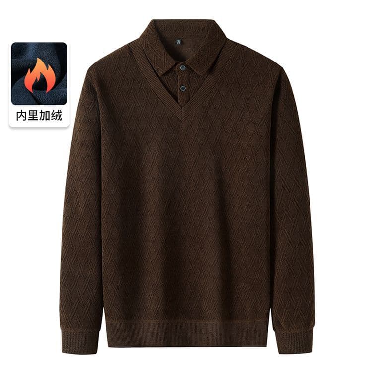 Fleece Lined Chenille Polo Shirt Men Two-in-One Winter Fleece Lined Warm Turn-Down Collar Long Sleeve Turn-Down Collar T-Shirt Top
