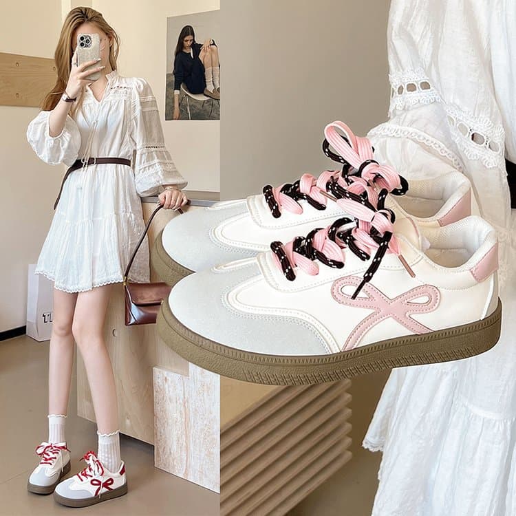 Vintage Chunky Two-Tone German Trainer Shoes for Women 2025 Spring Summer Bowknot Casual Versatile White Sneakers