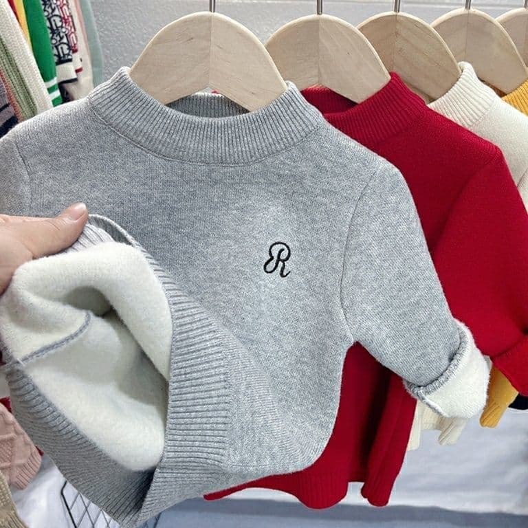 Girls' Fleece-Lined Sweater Winter New Children's Thickened Integrated Fleece Knit Top Baby Base Layer Warm Top