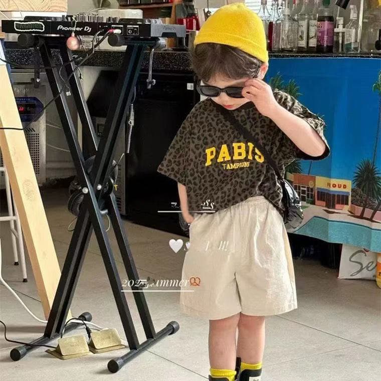 Children's Set Summer New Style Korean Boys Leopard Print Short Sleeve T-Shirt Cool Girls Sport Trendy Fashion Casual