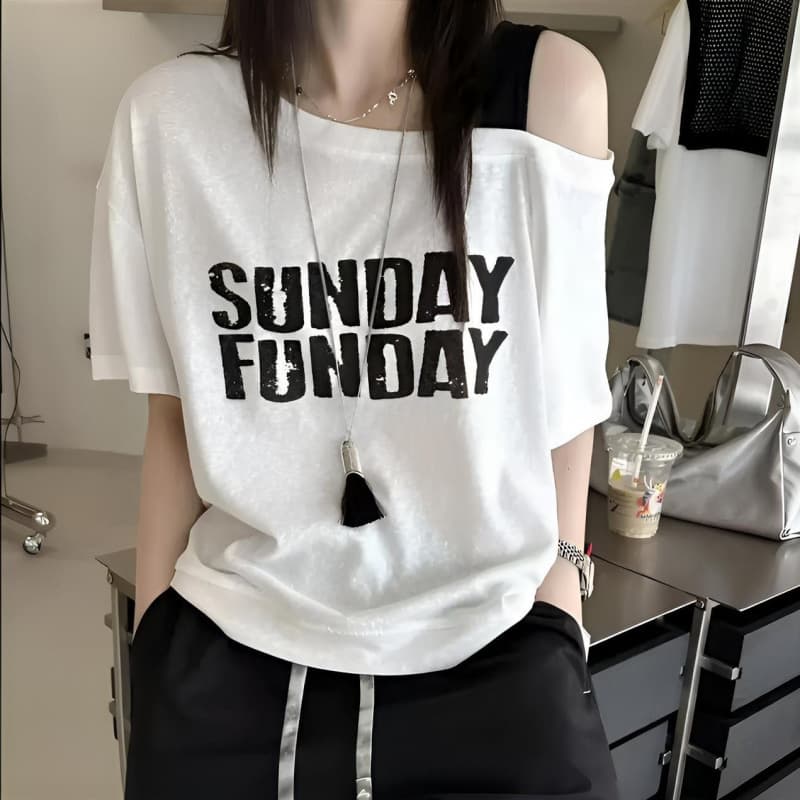 2025 summer off-shoulder strap color-block letter print casual short-sleeve T-shirt, fashionable loose fit slimming versatile Korean style