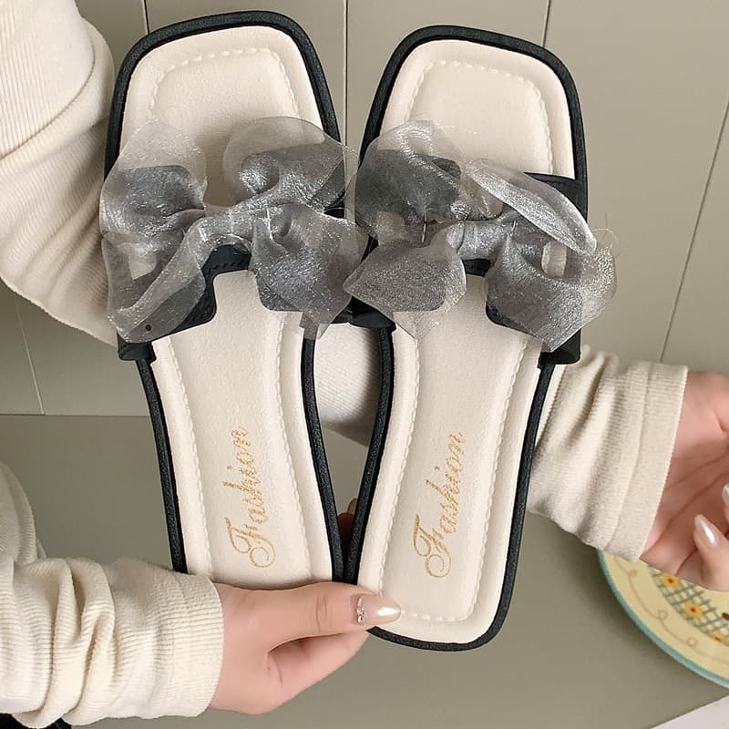 Sweet Bow Mesh Beach Sandals for Women, Non-Slip Open-Toe Low-Heel Flat Sandals for Seaside Vacation