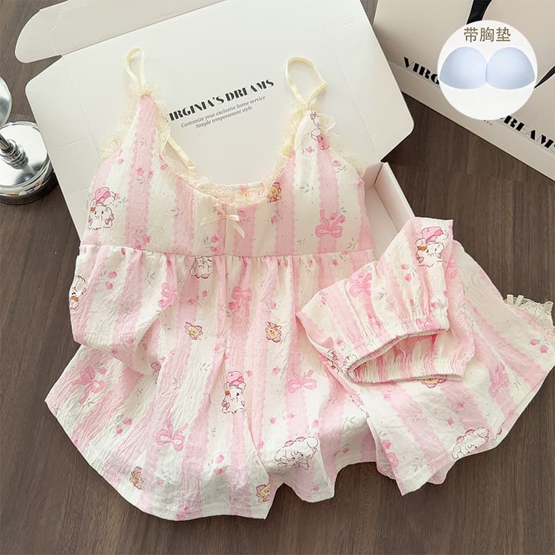 Xinyi Summer Sleepwear with Built-in Bra for Women, Cloud Cotton Texture, Premium Look, Wearable Outside, Cartoon Camisole Loungewear