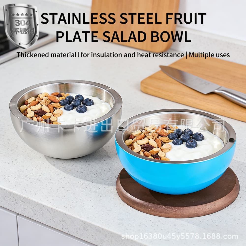 Foreign trade Nordic salad basin 304 stainless steel double-layer bowl mixing basin vegetable and fruit salad bowl Japanese iced bowl