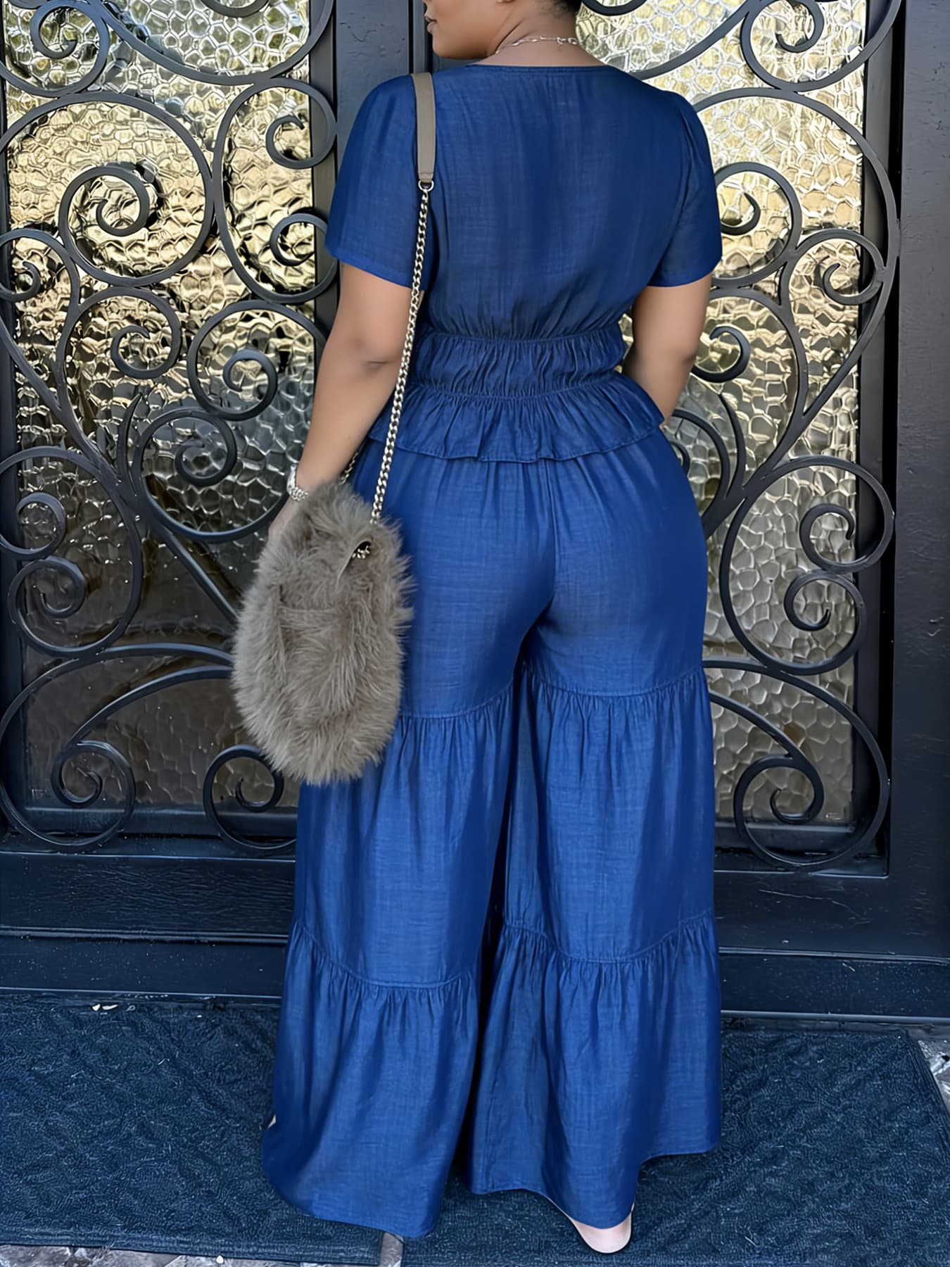 European and American cross-border plus-size women's clothing Amazon summer two-piece set with tie-up top, pleated slim waist wide-leg pants