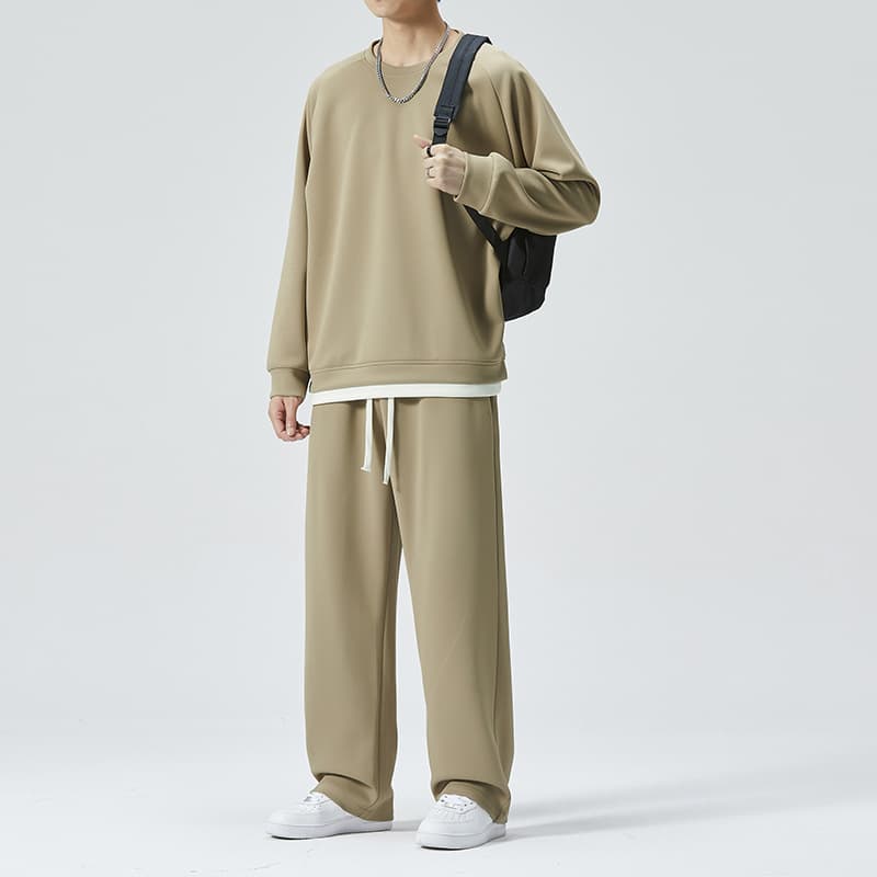 Men's Autumn/Winter Thin Casual Sports Suit Two-Piece Set, Trendy Brand, Loose Fit, Breathable Solid Color Sweatpants, Crew Neck Sweatshirt
