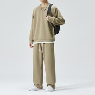 Autumn Winter Thin Casual Sport Set for Men Two-Piece Trendy Loose Breathable Solid Sweatpants Crew Neck Sweatshirt