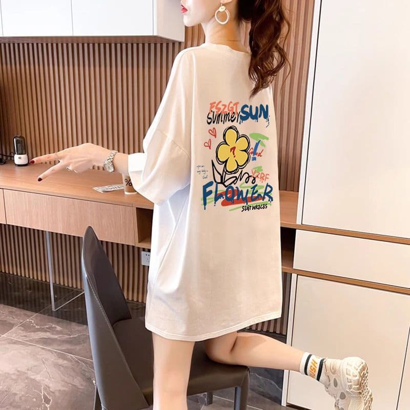 100% Cotton Mid-Length Hip-Covering Large Size Women's Short-Sleeved T-Shirt Summer New Casual Trendy Printed Tops for Women