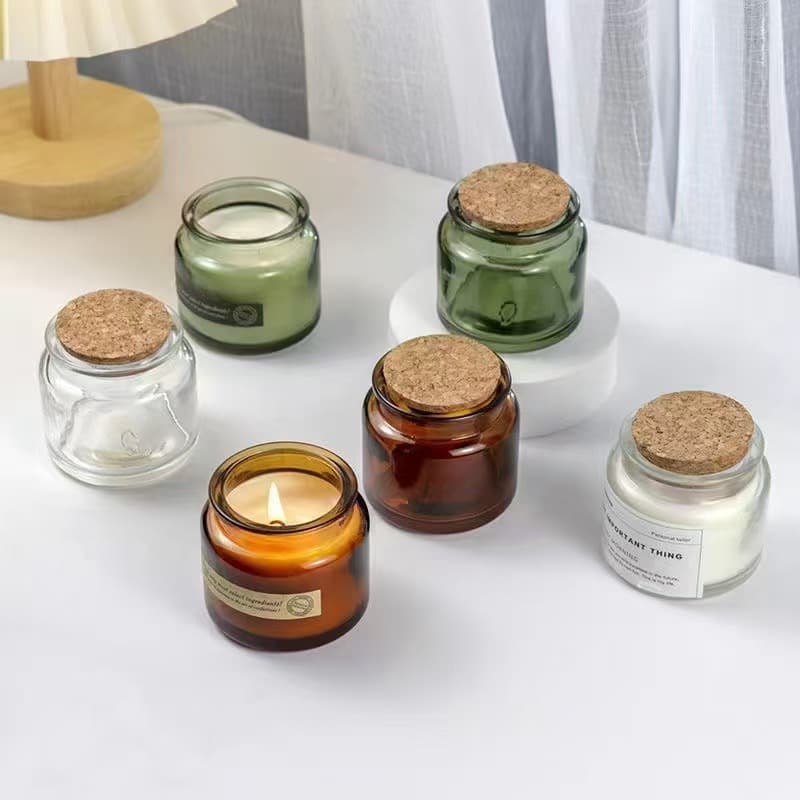 Vintage Green Cork Glass Candle Jar, Candle Holder, Aromatherapy Bottle, DIY Empty Jar, Gift with Lid, Scented