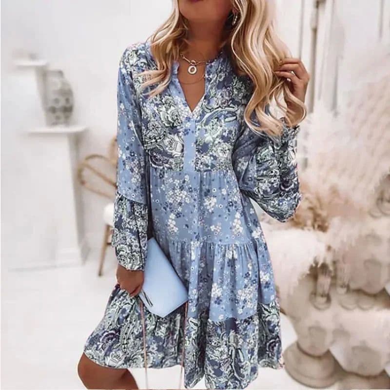 Printed V-neck long sleeved dressWomen's Printed V-neck long sleeved loose dress