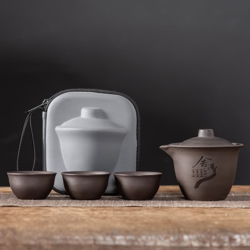 Yixing Clay Travel Tea Set with One Pot and Three Cups, Portable Outdoor Tea Set for Corporate Events and Business Gifts, Quick Cup Souvenir