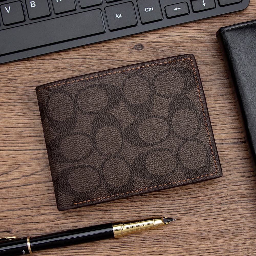 New Business Classic Men's Short Bifold Wallet with C-Pattern, Slim Leather Coin Pocket Wallet