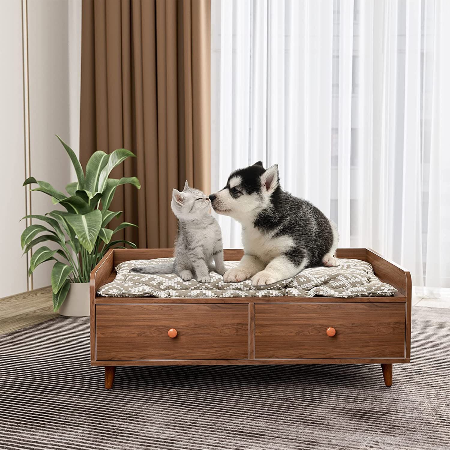 Wooden Creative Pet Bed with Drawer, Pet Sofa Furniture, Pet Rest Nest, Pet Food Organizing Box