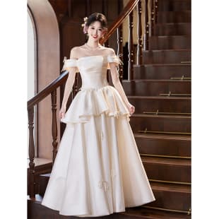 Off-Shoulder Satin Light Wedding Dress 2026 New Wedding Engagement Butterfly Knot White Evening Gown Going-Away Dress Tulle Skirt