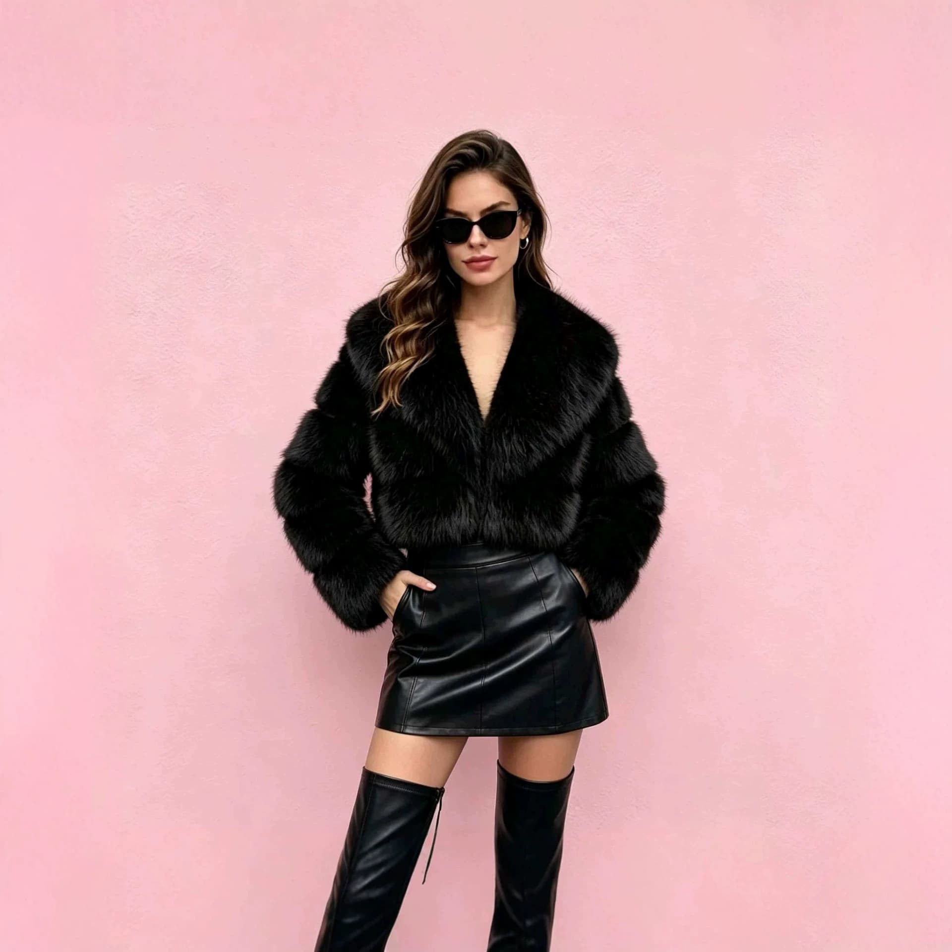 European and American Style Short Women's Faux Fur Coat with Pu Leather and Fox Fur Splicing, Versatile New Autumn and Winter Model from the Manufacturer
