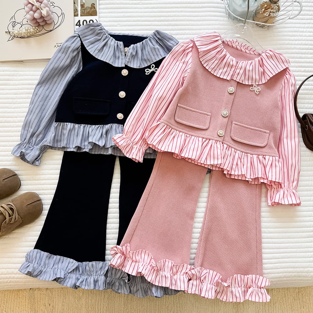 Girls' Patchwork Faux Two-Piece Top Set Fall 2026 New Trendy Striped Color-Block Flared Pants Two-Piece Set