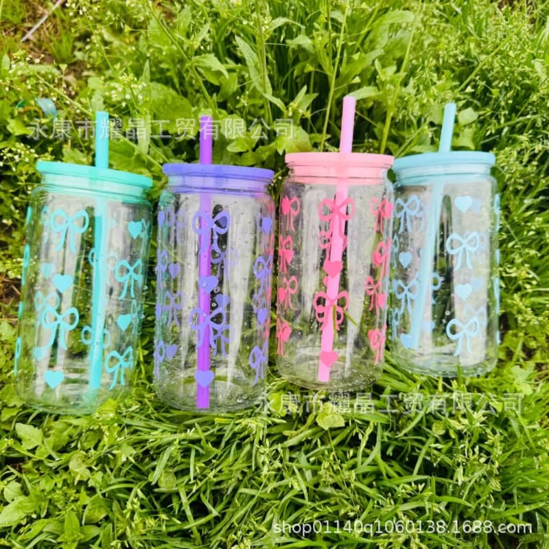 New internet celebrity ins style girly bow mason cup 16oz plastic mason cup snowball cup anti-fall portable cup