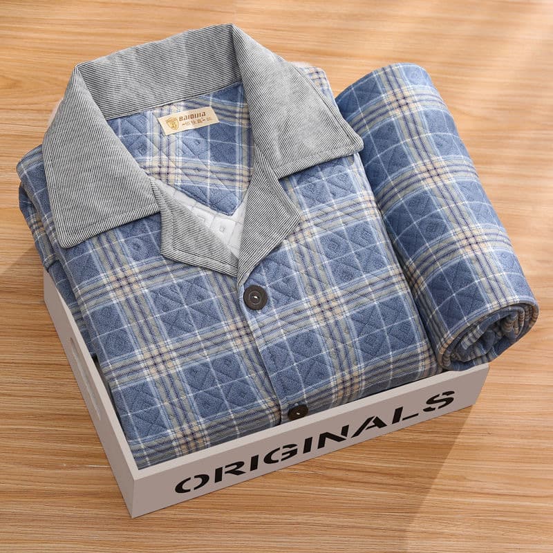 Air Quilted Men's Pajamas Autumn Winter Dad Plaid Long Sleeve Casual Cardigan Lapel Plus Size Home Wear Spring Autumn