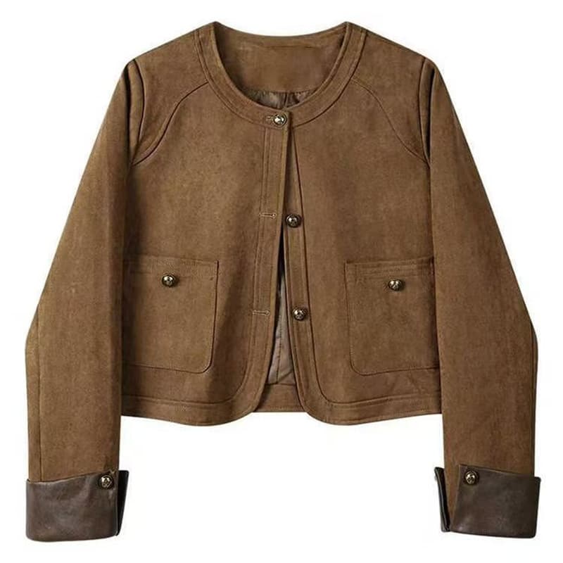 Maillard Short Spliced Faux Suede Jacket for Women, Spring/Autumn American Style Retro Versatile Motorcycle Jacket, Trendy