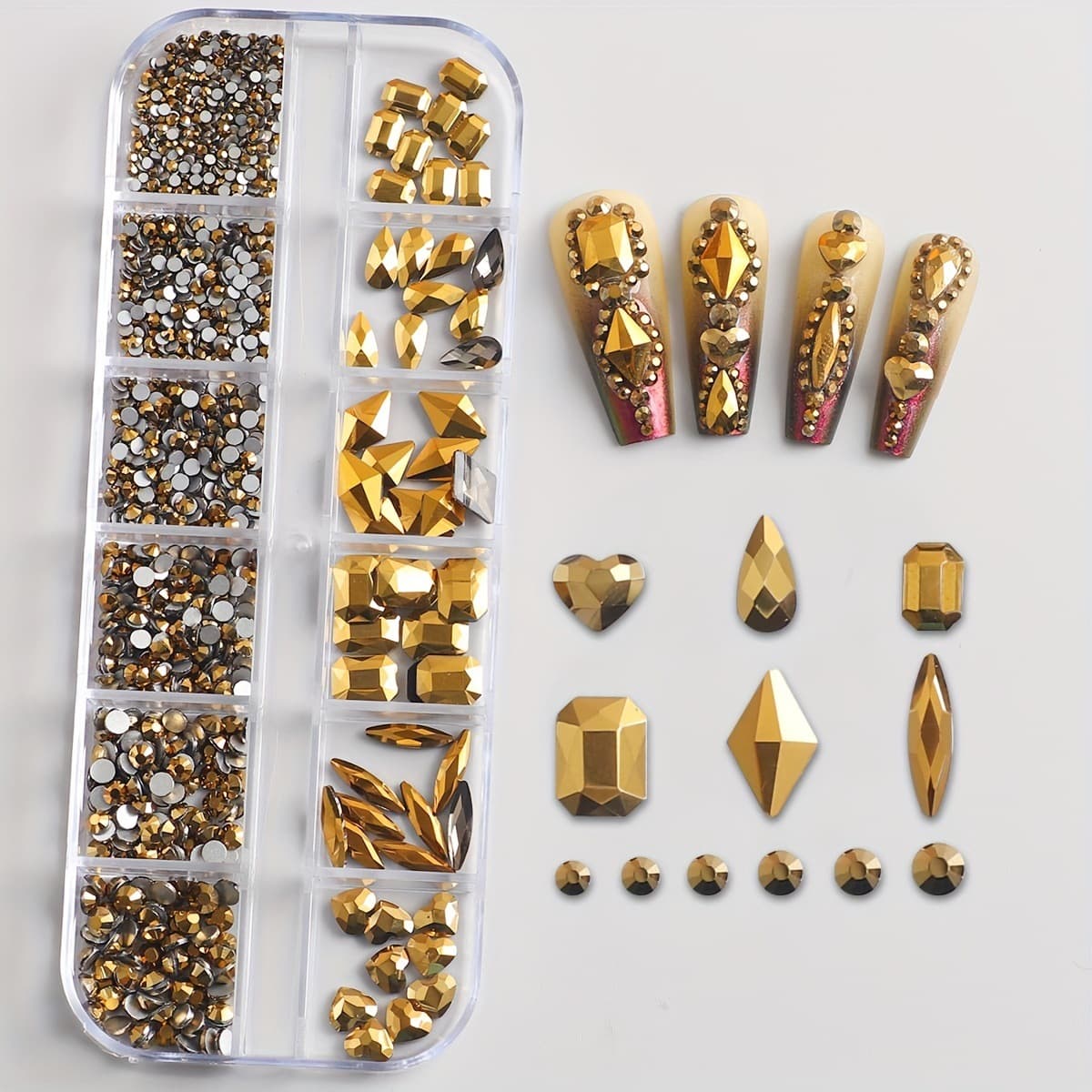 1 Box of 12 Grid Multi-Shaped 3D Nail Art Rhinestone Kits