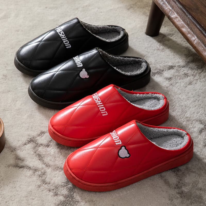 Leather slippers for men, winter home indoor cotton slippers, waterproof winter pu leather confinement shoes, thick soles, non-slip, warm for couples