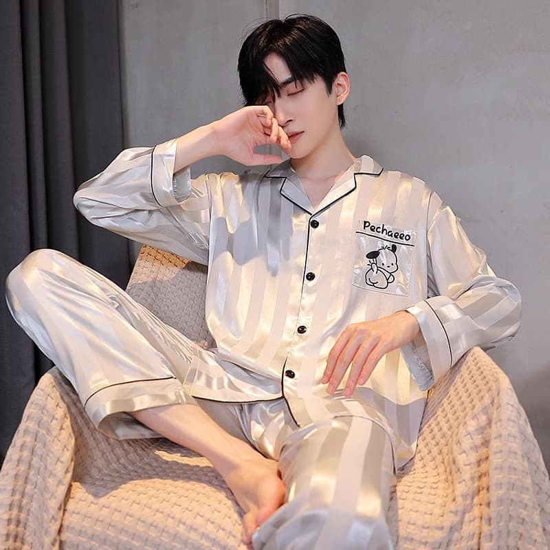 Ice Silk Pajama Set for Men - Long Sleeve Top and Pants, Premium Satin-Like Fabric, All-Season Homewear